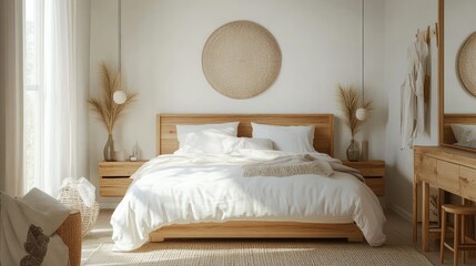 Scandinavian-style bedroom with simple, clean lines, light wood accents, and a cozy, minimalist aesthetic.