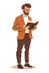 Businessman reading manual book for guidance, male employee with questions needs help and opens FAQ arrow