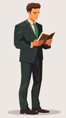 Businessman reading manual book for guidance, male employee with questions needs help and opens FAQ arrow