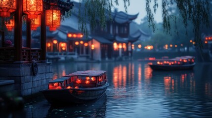 Obraz premium Boats with red lanterns floating on a tranquil river at night, traditional Asian architecture in the background. 