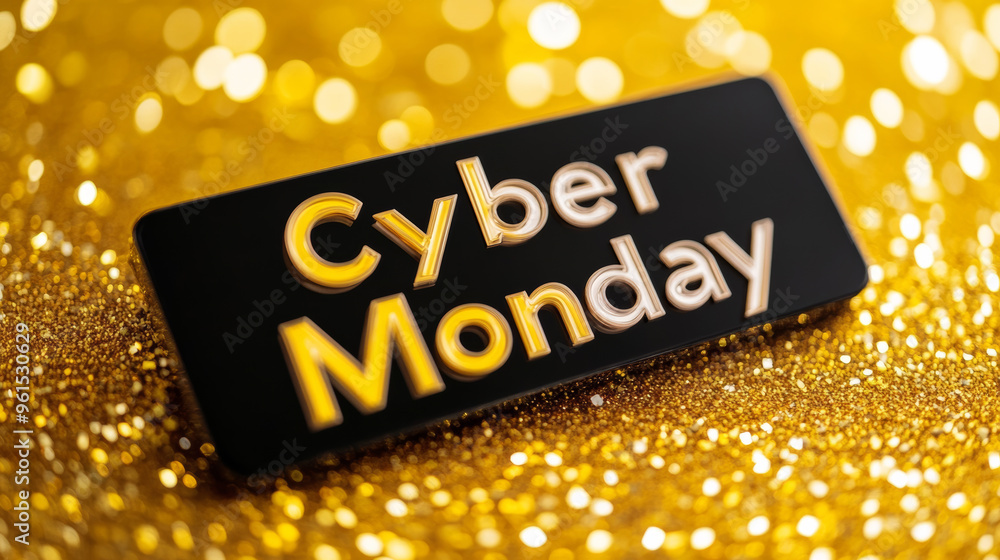 Poster elegant black cyber monday script over a golden background with sparkling pixels and digital festive
