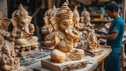 Fototapeta premium Clay Ganesha Idols Being Crafted by Artisan in Traditional Workshop