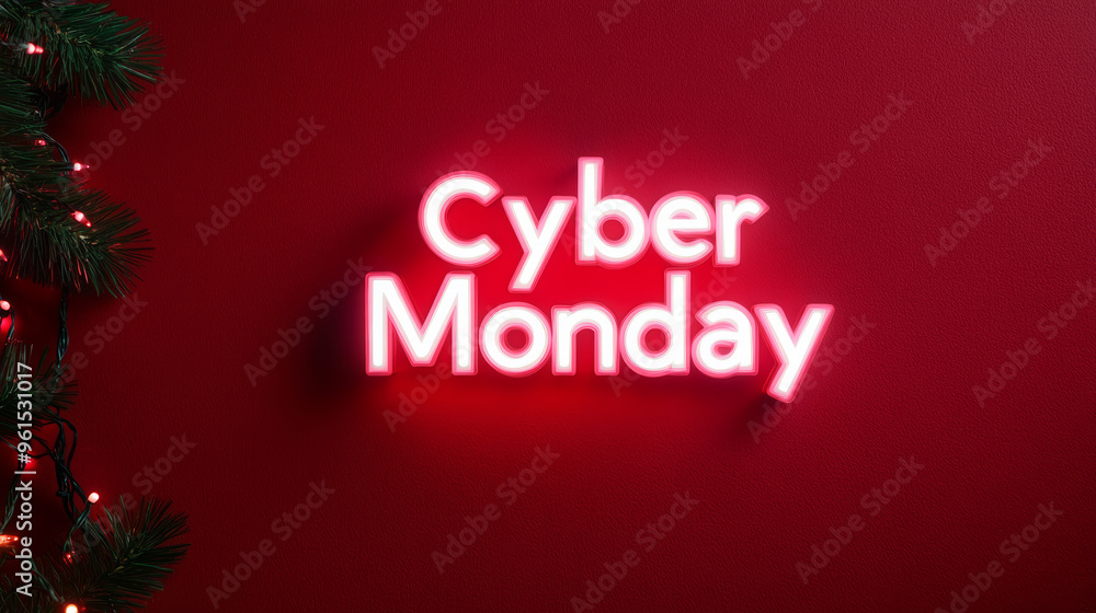 Poster elegant white cyber monday script on a deep red festive background with twinkling lights and subtle 