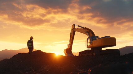 Naklejka premium Excavator digging into rocky terrain in a large quarry during sunrise, creating dramatic shadows, golden hues 