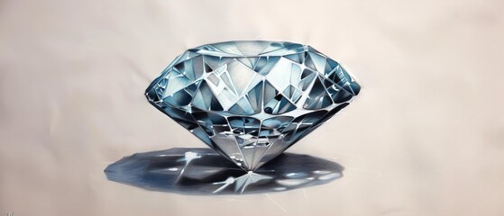  A blue diamond atop a water puddle against a white backdrop, casting a shadow on the ground