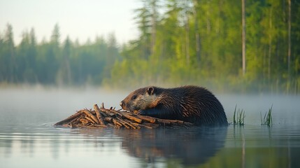 Tranquil Morning Scene: Beaver Collecting Wood for Dam in Misty Forest Setting