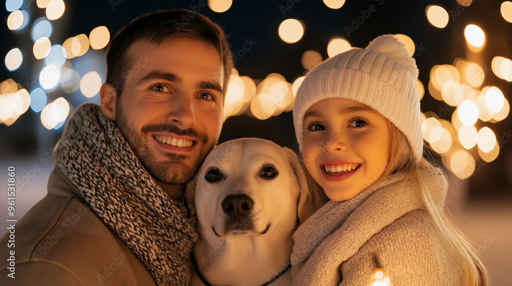 Wall mural Family holding sparklers at night with their dog looking up fireworks in the background New Year’s Eve 