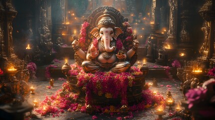 Ornate Ganesha Idol Enthroned Amidst Floral Splendor and Ethereal Lighting