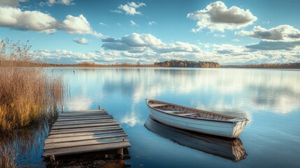 Obraz premium Serene lake with an old wooden bridge and a row boat under a clear sky with soft clouds.