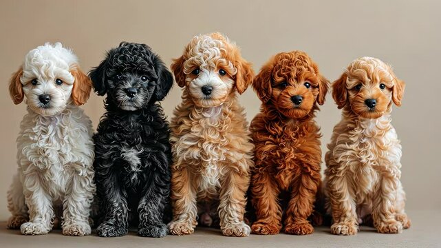 Five adorable poodle puppies sitting in a row on a neutral background