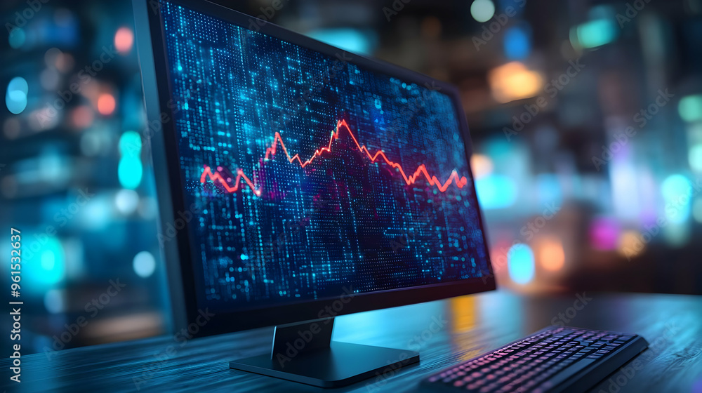 Poster digital data chart illustration - red stock market graph on computer screen