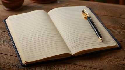 A pen sits on top of a notebook with the pages open 