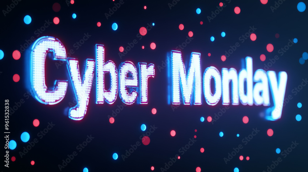 Poster festive cyber monday in glowing white letters over a dark starry background with twinkling digital p