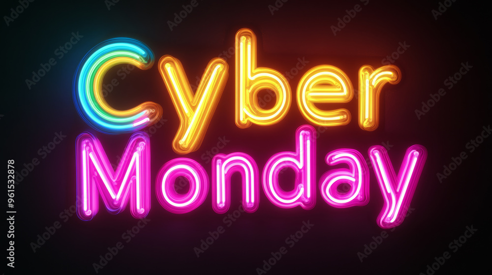 Poster festive cyber monday text in multi-colored neon against a black background with abstract digital fir