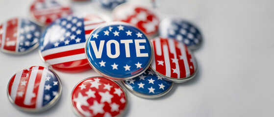 Fototapeta premium US election 2024, election campaign concept - Vote buttons with american flag for USA Elections, isolated on white table background