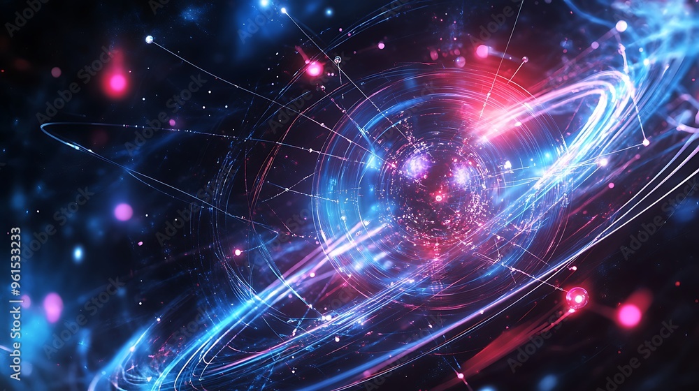 Poster a detailed visualization of quantum entanglement with particles and energy fields in a digital envir