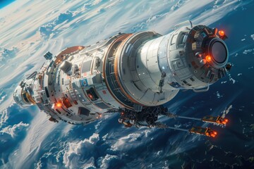 Futuristic Space Station Orbiting Earth with Intricate Structural Details in Outer Space