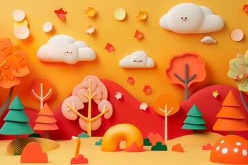 Playful 3D autumn landscape featuring colorful fall trees, clouds, and falling leaves, ideal for children's fall illustrations, stories, or creative marketing.