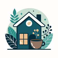 House with coffee cup in front, surrounded by leaves