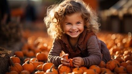  Smiling child playing among small orange pumpkins on a farm, perfect for autumn harvest and Halloween themes, outdoor countryside fun in fall.