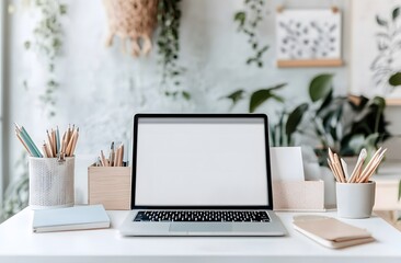 Fototapeta premium white desk with laptop, stationery and cute camera on shelf,workspace
