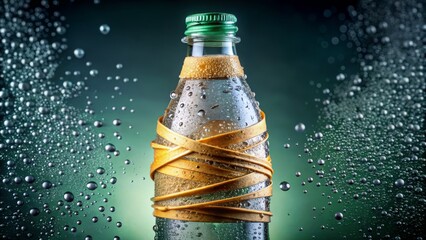 • A rubber band wraps around a bottle of bubbly water, its elastic grip weakening as a few transparent droplets escape from the corked top.