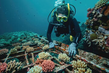 Scientist Planting Coral on Reef Restoration Farm Underwater in Tropical Ocean