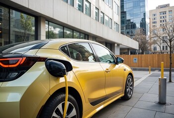 Naklejka premium A yellow electric car charging 