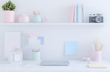 white desk with laptop, stationery and cute camera on shelf,workspace