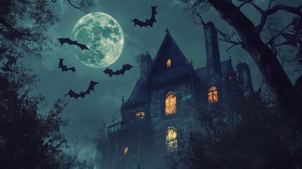 Haunted house under full moon with bats flying, spooky night scene with eerie atmosphere.  
