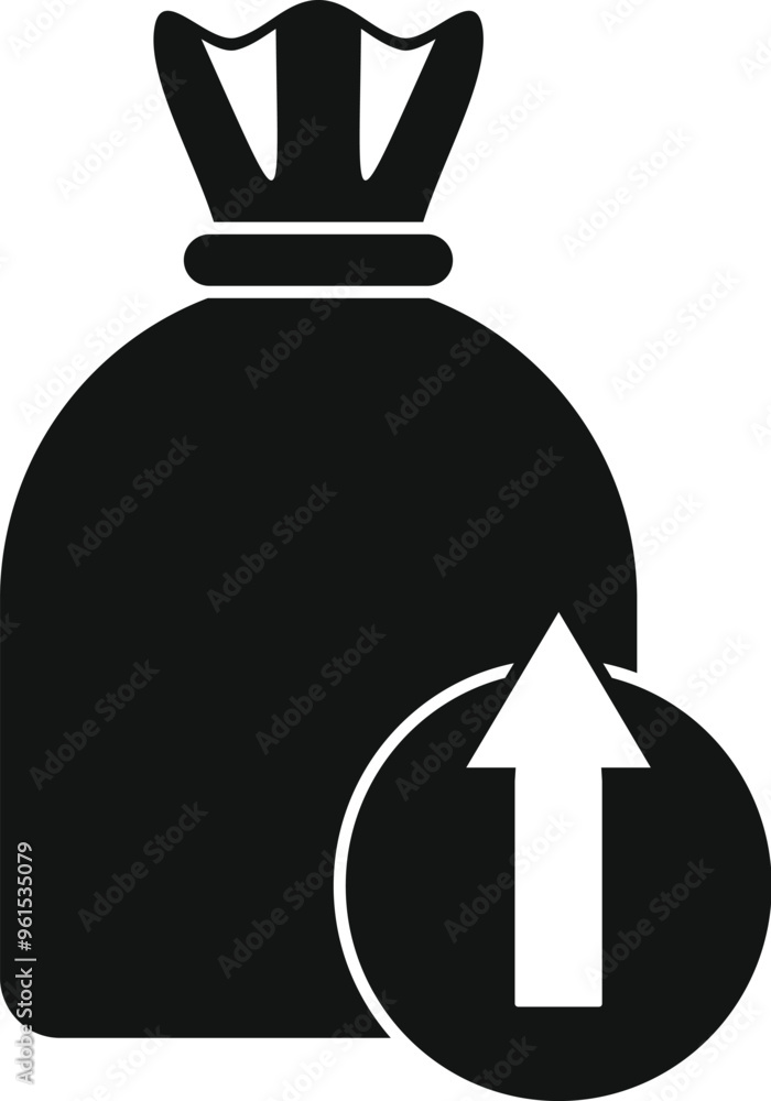 Poster black and white icon of a full garbage bag with an up arrow sign, symbolizing increasing amounts of 