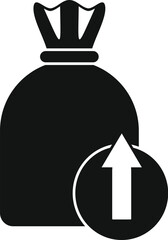 Black and white icon of a full garbage bag with an up arrow sign, symbolizing increasing amounts of trash