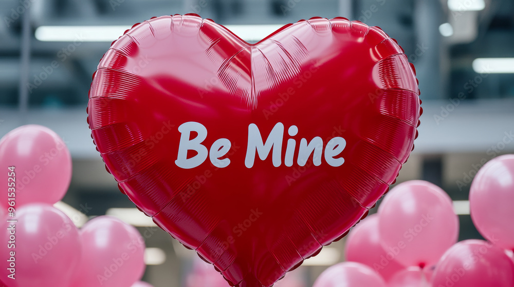 Poster giant inflatable red heart with white be mine text displayed in front of a shop with pink and red ba