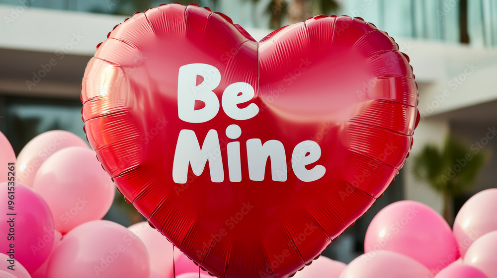 Poster giant inflatable red heart with white be mine text displayed in front of a shop with pink and red ba