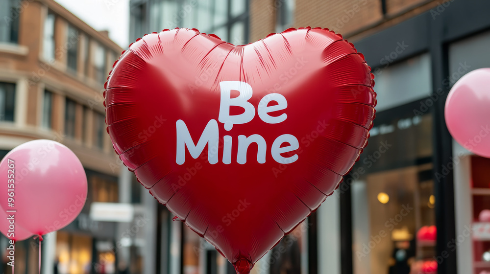 Poster giant inflatable red heart with white be mine text displayed in front of a shop with pink and red ba