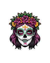 Editable stroke vector illustration of a Day of the Dead woman wearing a flower crown with skull makeup.