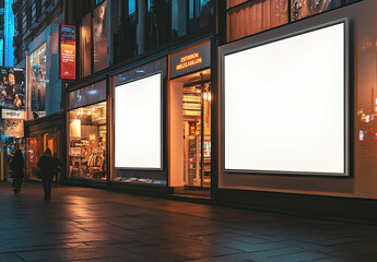 A large, blank white digital billboard stands on the side of an urban street, with light emanating from the store windows. The billboard is illuminated against the dark background. Created with Ai