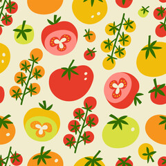 Tomato seamless pattern. Fresh vegetable red and yellow tomato print for kitchen, menu, food package design. Hand drawn flat vector illustration. Healthy cute organic product.