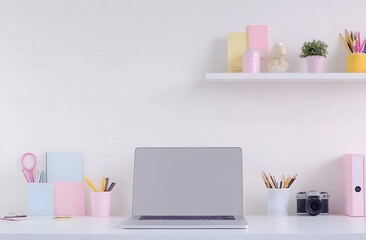 white desk with laptop, stationery and cute camera on shelf,workspace