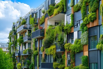 Fototapeta premium Modern Apartment Building with Abundant Greenery and Balconies