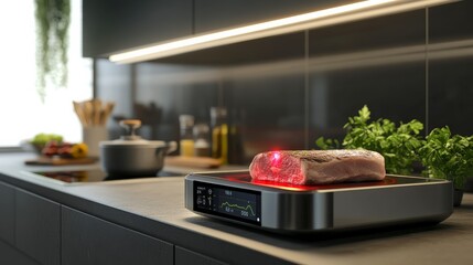 a smart kitchen appliance equipped with an infrared sensor, scanning a piece of meat for doneness and quality