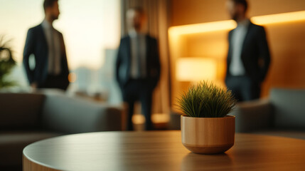 Group of executives in an airport lounge engaging in casual conversation over coffee, modern decor and warm tones enhancing the atmosphere 