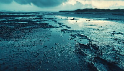 Wet Sand with Footprints on a Beach at Dusk