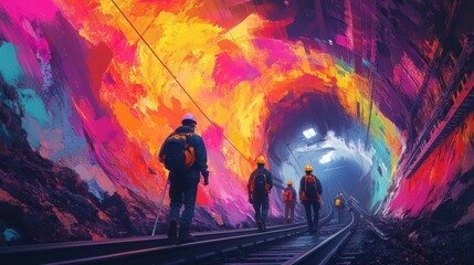 Railway workers walk along tracks in a colorful tunnel, focused on their daily tasks