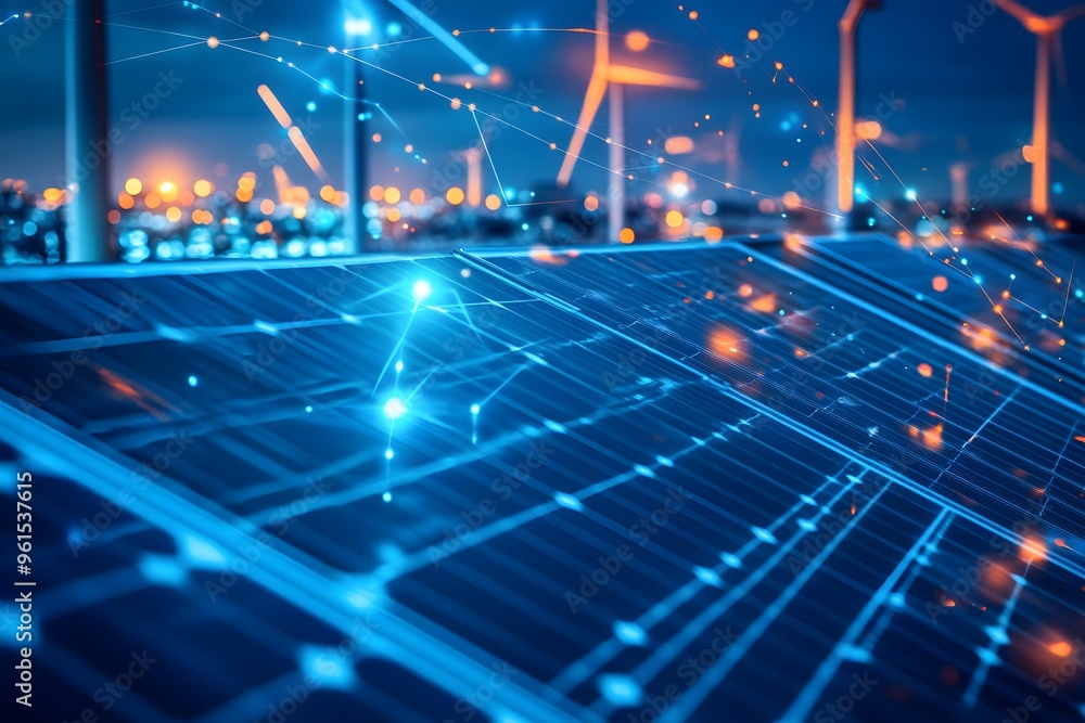 Poster close-up of a solar panel with glowing lines and bokeh lights