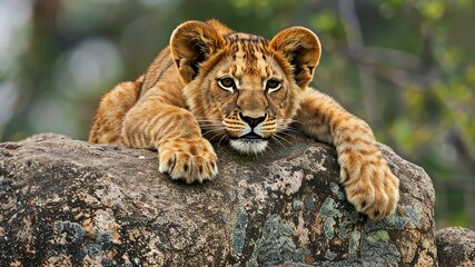 Young lion cub resting on rocks, wildlife nature scene. Wildlife photography and animal behavior concept