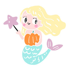 little girl mermaid with star wand and pumpkin cartoon