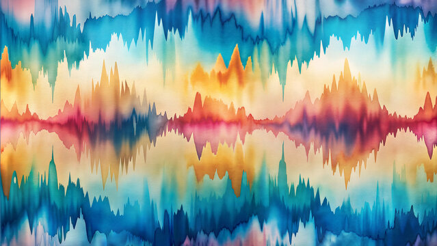Colorful watercolor soundwave illustration featuring vibrant peaks and valleys in a fluid artistic style