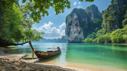 Fototapeta premium Discover the Turquoise Waters and Lush Greenery of a Hidden Cove in Thailand That Invites Relaxation and Adventure.