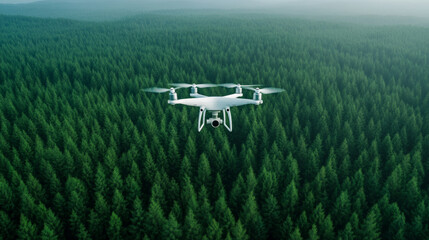High-tech logging drone surveying a vast forest, advanced technology aiding in sustainable logging practices 
